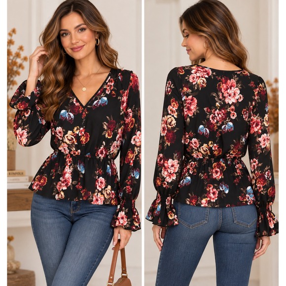 Counterparts Tops - Black Floral Blouse S Romantic Boho Peplum Bell Sleeve Cottagecore Dark Academia